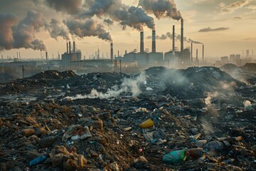 garbage on the background of a smoking factory, pollution concept