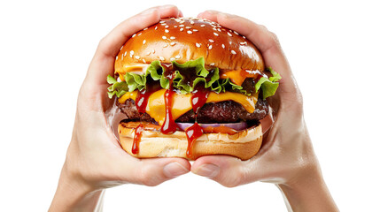 Wall Mural - Delicious juicy burger in hands, cut out