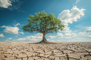 Dry soil with green tree landscape, concept of drought, global warming