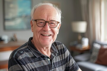 Wall Mural - Portrait of a joyful caucasian man in his 70s smiling at the camera isolated on stylized simple home office background