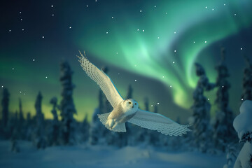 Wall Mural - Snowy owl flying in boreal forest during aurora borealis