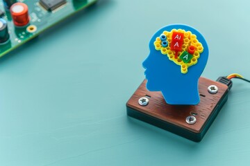 Sticker - AI human head model with circuitry on blue background, symbolizing artificial intelligence and cognitive technology