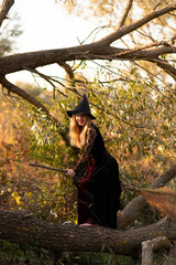 Wall Mural - A witch dressed in black dress in the forest	