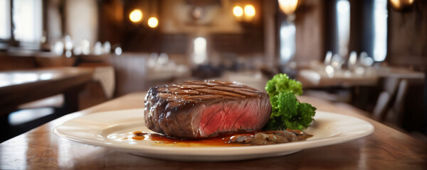 Steak served with plate on wooden table. Extremely detailed and realistic high resolution illustration