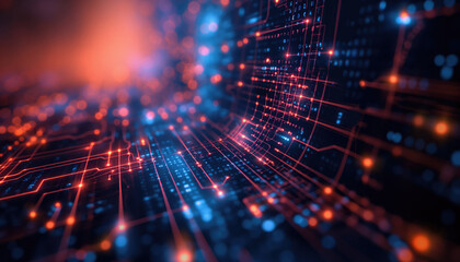 Abstract Digital Data Stream with Futuristic Glowing Circuits and Bokeh Effect.