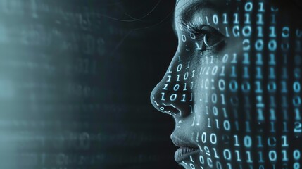 A woman's face is covered in streams of digital code, symbolizing technology and innovation.