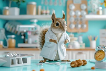 Wall Mural - A squirrel wearing a lab coat and holding a bottle of pills
