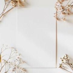 Minimalist blank white paper framed with delicate dried flowers on a white background, perfect for invitations, letters, or greeting cards.