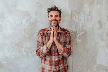 Sticker - Portrait of a cheerful man in his 40s joining palms in a gesture of gratitude isolated on plain cyclorama studio wall