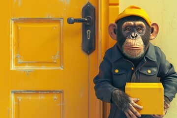 Wall Mural - A cartoon monkey is holding a box and standing in front of a door