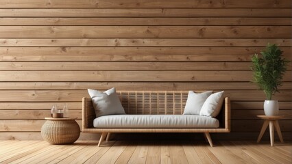 Wall Mural - Interior home of cozy wooden cabin with rattan furniture on wooden wall copy space mock up