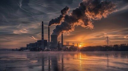 Poster - A power plant emitting smoke and pollutants into the atmosphere, contributing to global warming