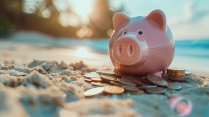 close up of a pink piggy bank on the tropical sand beach with coins. representing personal finance and saving money for travel or vacation. the summer background scene suggests taking a beach vacation