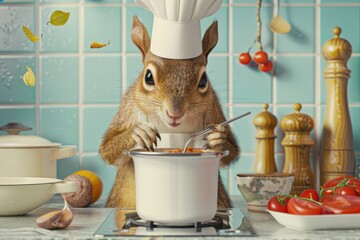 Wall Mural - A cartoonish squirrel wearing a chef's hat is eating soup from a bowl