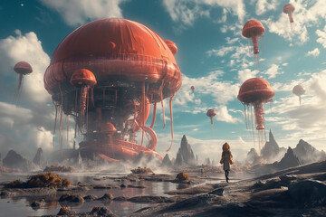 Surreal alien landscape featuring giant red mushrooms and a lone explorer under a blue sky with clouds creating a fantastical and otherworldly scene