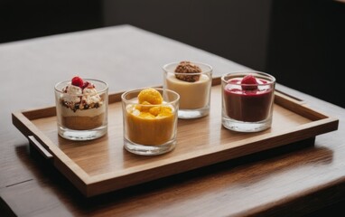 Poster -  four desserts in small glasses on a wooden tray with a wooden tray underneath them,