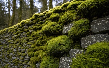 Wall Mural -  a close up of a stone wall with moss growing on the top of the stones,
