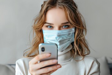 Wall Mural - Young girl in a medical mask reads a news in her mobile phone isolated over grey background. Woman orders goods, ambulance call, eating online, quarantine, isolation, coronovirus, copy space