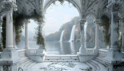 White marble archway, wedding backdrop, leading to an expansive lake, flanked by lush greenery and cascading waterfalls, blend of nature's beauty with architectural elegance.