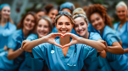 A group of male and female doctors stood smiling and making heart shapes with their hands.