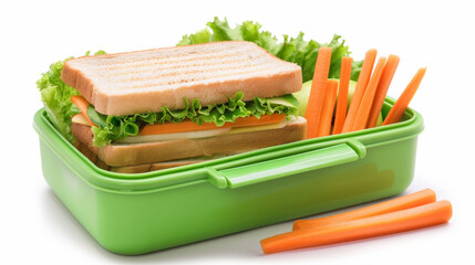 Wall Mural - 'open school lunchbox with neatly packed sandwich, apple, and carrot sticks, isolated on a white background' 