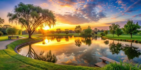 Wall Mural - Peaceful sunrise over a serene park setting with trees and a pond, sunrise, park, tranquil, peaceful, morning, dawn, nature