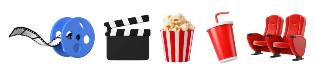 3d movie png element set on transparent background