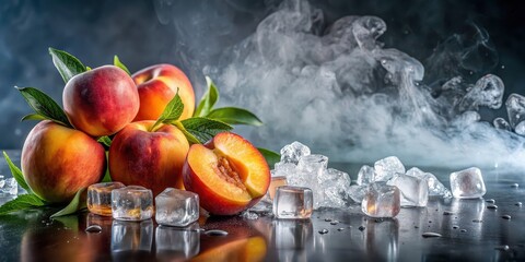 Wall Mural - Fresh peaches and ice cubes on a wet table with steam rising around , peaches, ice cubes, wet, table, steam, fresh