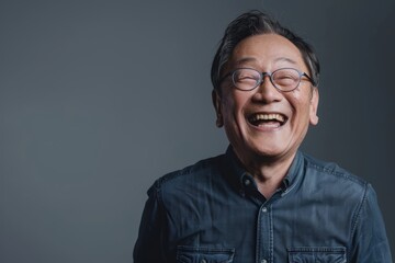 Wall Mural - Portrait of a glad asian man in his 50s laughing over plain cyclorama studio wall