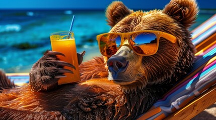 a fictional bear in sunglasses lies on a sun lounger on the beach and drinks juice