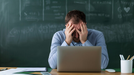 Wall Mural - wide angle of an office worker crying on the phone, desk with computer and paperwork, chalkboard background 