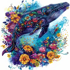 Wall Mural - Whale With Mandala Wreath Flowers