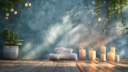 Poster - Empty table in serene spa environment surrounded by candles and towels ideal for displaying wellness products