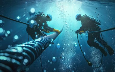 Underwater technicians securing a fiber optic cable, deep sea environment with soft lighting and bubbles, realistic style, high detail, digital illustration