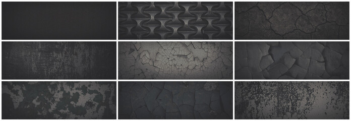 set of dark panoramic background textures. collection of wide textures with peeling paint, cracks, s
