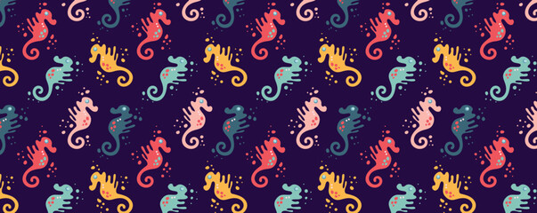 Wall Mural - Undersea world. Abstract drawing of colorful seahorses underwater. Vector Pattern with sea inhabitants of the underwater depths. Seamless pattern for fabric, textile, wallpaper, cards.