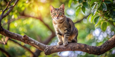 Sticker - Cat perched on a tree branch , feline, pet, animal, tree, branch, cute, adorable, whiskers, fur, nature