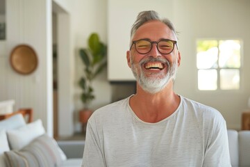 Wall Mural - Portrait of a joyful man in his 40s laughing isolated on crisp minimalistic living room