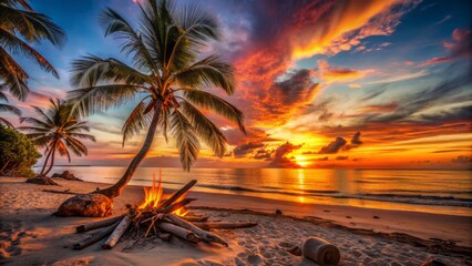 Wall Mural - A serene deserted beach scene at sunset with a crackling campfire, driftwood, and palm trees silhouetted against a vibrant orange sky.
