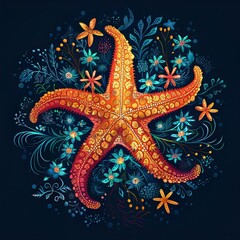 Wall Mural - Starfish with Flowers Illustration