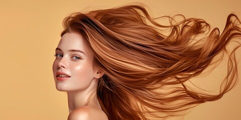 Wall Mural - A woman with long brown hair is smiling and looking at the camera. The hair is flowing and he is styled in a way that accentuates its length and volume. Scene is one of confidence and beauty