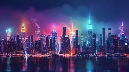 Wall Mural - Vibrant Nighttime Cityscape with Illuminated Skyscrapers and Colorful Reflections on the River