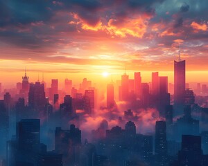 Breathtaking Sunset Over Majestic City Skyline With Glowing Skyscrapers and Dramatic Clouds