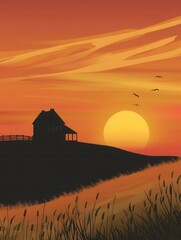 Poster - A picturesque sunset over rolling hills with a farmhouse silhouette, perfect for promoting agritourism and farm products. Generative AI
