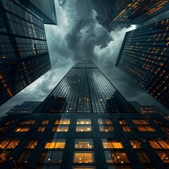 Wall Mural - Dramatic Architectural Skyscrapers Set Against Stormy City Skyline