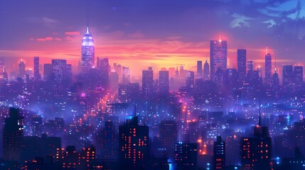 Wall Mural - Vibrant Evening Cityscape with Glowing Skyscrapers and Streetlights Bustling Urban Landscape