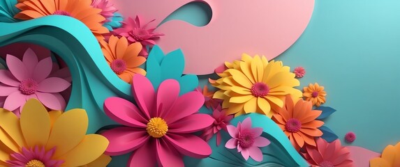 Wall Mural - colorful theme flowers wave layers solid d abstract background banner with copy space