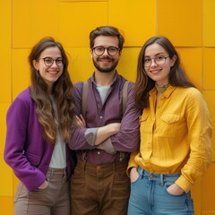 photo of three a young women and man professors, bright vilet-purple-yellow colors, positive mood Job 