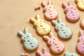 Poster - Delicious Easter cookies in shape of bunny on beige background