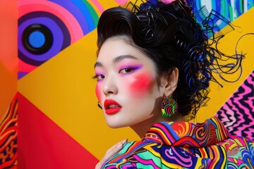 avantgarde japanese fashion portrait model with avantgarde curled hairstyle vibrant color blocked background high contrast lighting fusion of traditional and futuristic elements